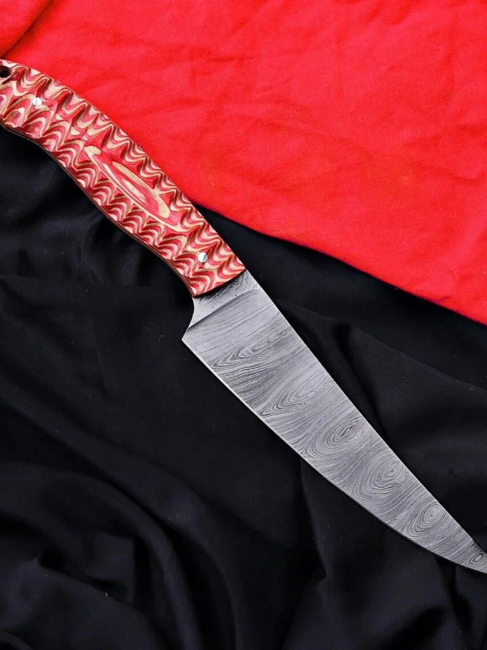 Handmade Damascus Steel Kitchen Fillet Knife - Color Pakka Wood Handle Leather - Picture 2 of 4